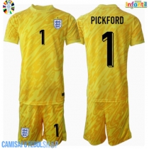 Camisa de time de futebol Inglaterra Jordan Pickford #1 Goleiro Replicas 2º Equipamento Infantil Europeu 2024 Manga Curta (+ Calças curtas)